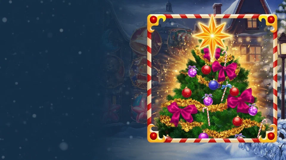 A glowing decorated Christmas tree in a candy-stripe frame with sparkles on a night-blue background