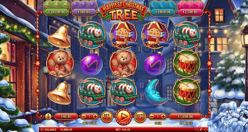Happiest Christmas Tree base game: bells, stars and toys on five reels with the four Prize Pot counters above them